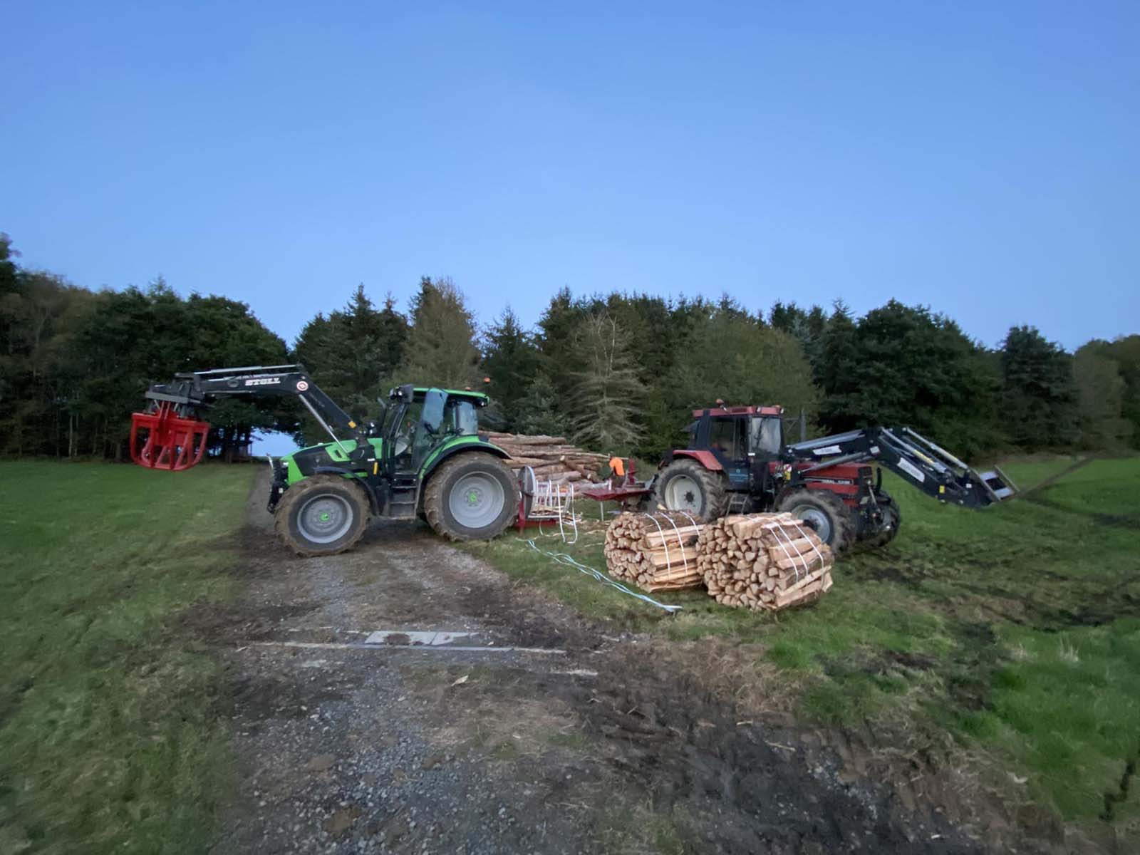 Deutz Fahr und Case IH Schlepper auf einer Waldlichtung